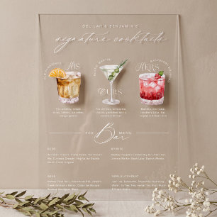 His Ours & Hers Watercolor Signature Cocktail Menu Acrylic Sign