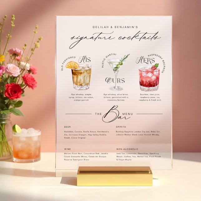 His Ours & Hers Watercolor Signature Cocktail Menu Acrylic Sign (His Ours & Hers Watercolor Signature Cocktail Menu Acrylic Sign)