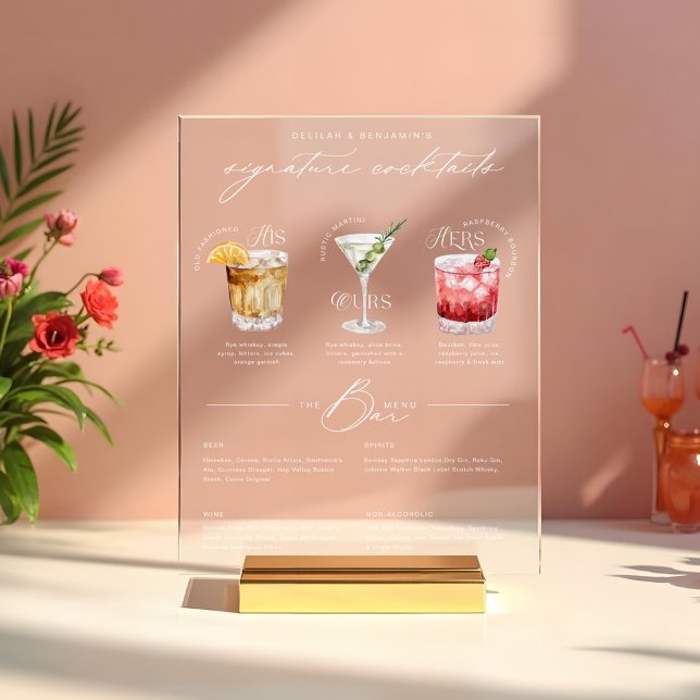 His Ours & Hers Watercolor Signature Cocktail Menu Acrylic Sign (His Ours & Hers Watercolor Signature Cocktail Menu Acrylic Sign)