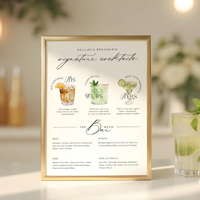 His Ours & Hers Watercolor Signature Cocktail Menu Poster (His Ours & Hers Watercolor Signature Cocktail Menu Poster)