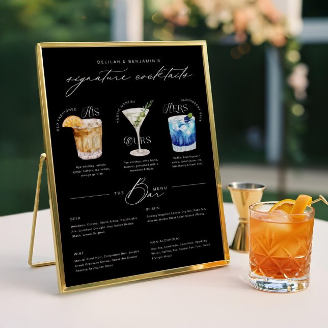 His Ours & Hers Watercolor Signature Cocktail Menu Poster (His Ours & Hers Watercolor Signature Cocktail Menu Poster)
