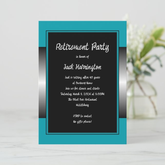 His Retirement Party Black Teal Modern Invitation (Standing Front)