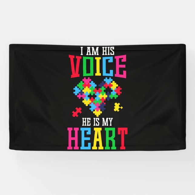 His Voice He Is My Heart Autism Awareness Puzzle Banner (Horizontal)