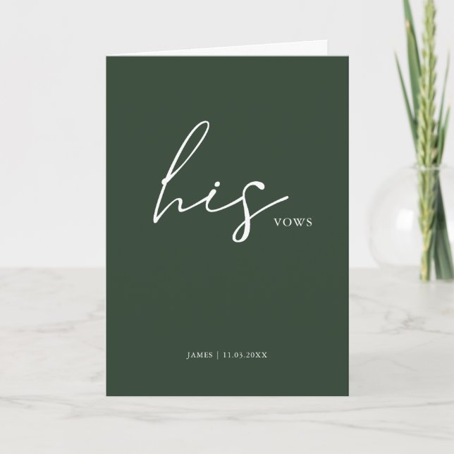 His Vows Card Minimalist Script Vows Forest Green (Front)