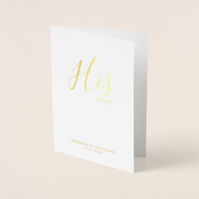 'His Vows' Elegant Wedding Vows Gold Foil Card (Front)