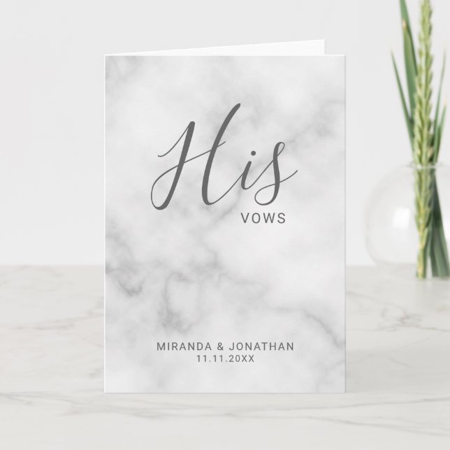 'His Vows' Minimalist White Marble Wedding Vows Note Card (Front)