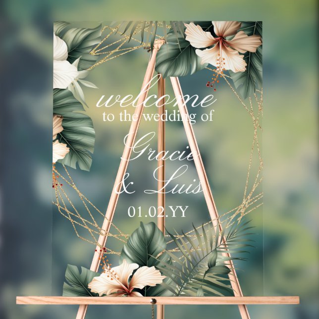 Hisbiscus Monstera Botanical Florals Gold Wedding Acrylic Sign (Neutral)