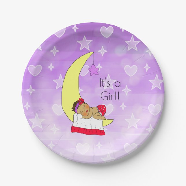 Hispanic Baby Girl Sleeping on Moon Baby Shower Paper Plate (Front)
