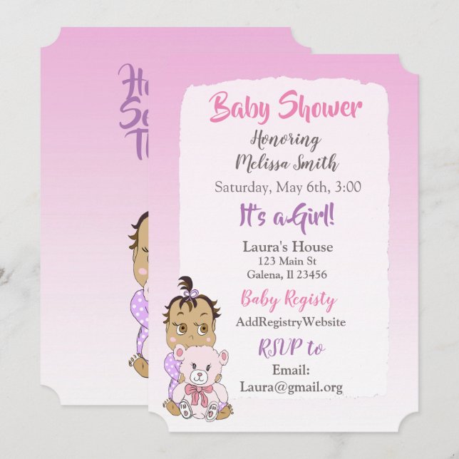 Hispanic Baby Girl with Teddy Bear Baby showier Invitation (Front/Back)