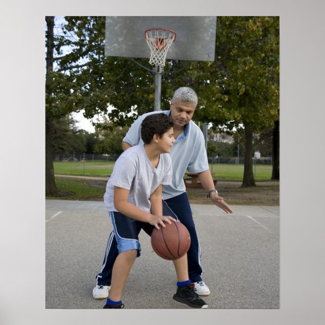 Hispanic father and son playing basketball poster (Front)