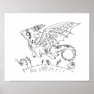 Hispanic  folk art baby dragon colour page poster