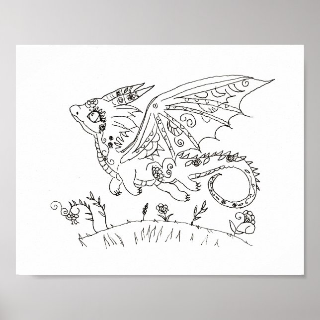 Hispanic  folk art baby dragon colour page poster (Front)