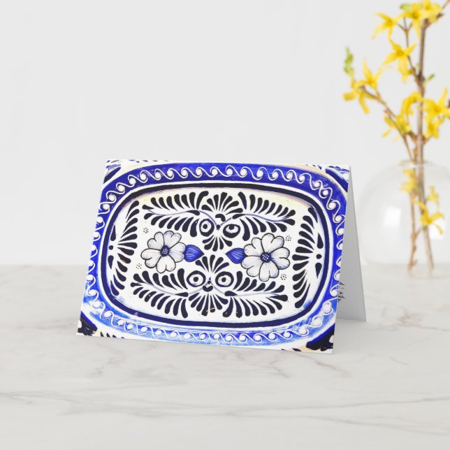 Hispanic Heritage Blue Talavera Greeting Card (Yellow Flower)