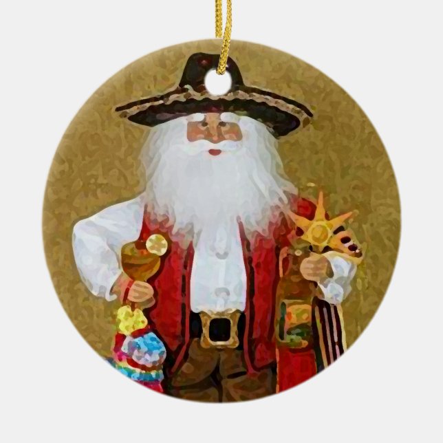 Hispanic Mexican Southwestern Texan Santa Claus Ceramic Tree Decoration (Front)