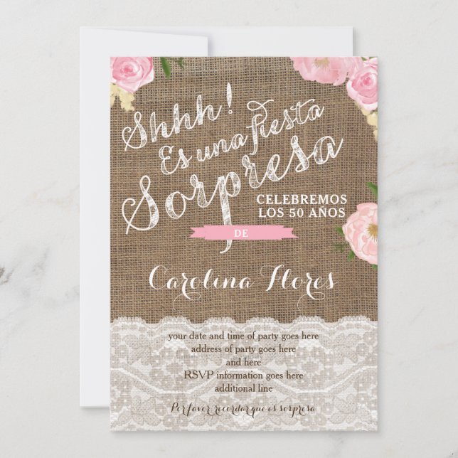 Hispanic Surprise party invite cards for female (Front)
