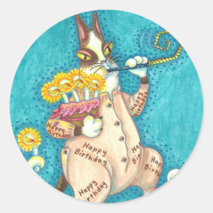 HISS N' FITZ CAT IN BIRTHDAY SUIT, CAKE & CANDLES CLASSIC ROUND STICKER