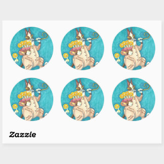 HISS N' FITZ CAT IN BIRTHDAY SUIT, CAKE & CANDLES CLASSIC ROUND STICKER