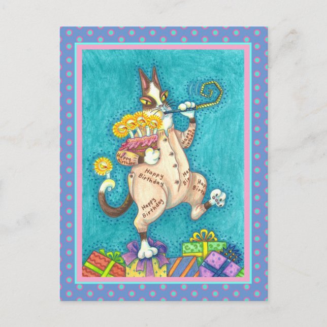 HISS N' FITZ CAT IN BIRTHDAY SUIT, CAKE & CANDLES POSTCARD (Front)