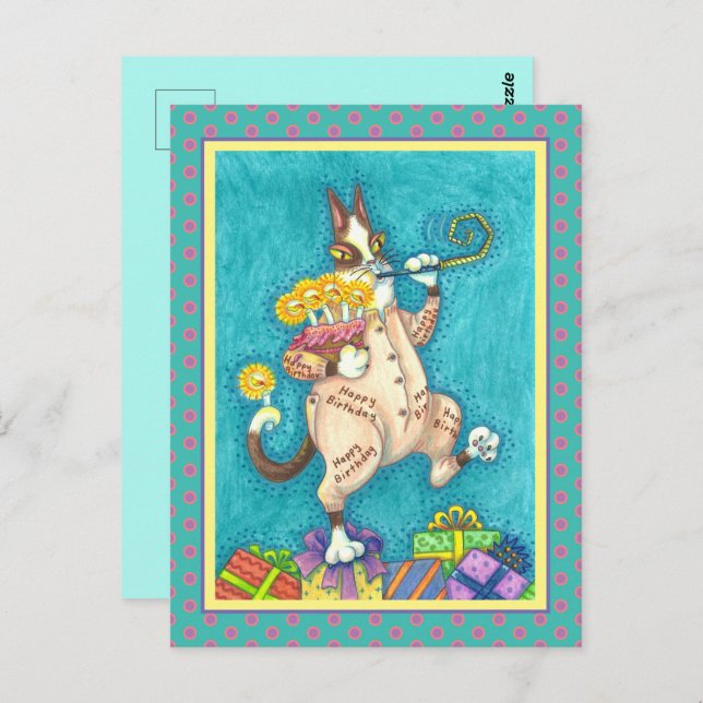 HISS N' FITZ CAT IN BIRTHDAY SUIT, CAKE & CANDLES POSTCARD (Front/Back)