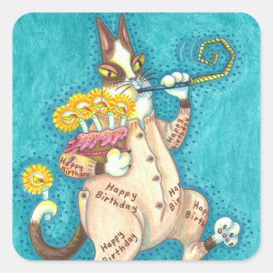 HISS N' FITZ CAT IN BIRTHDAY SUIT, CAKE & CANDLES SQUARE STICKER