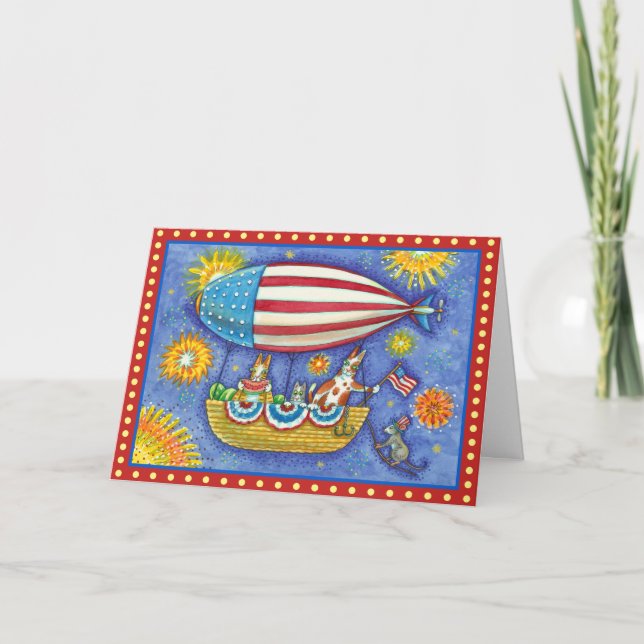 HISS N' FITZ CATS 4TH OF JULY ZEPPELIN Funny Holiday Card (Front)