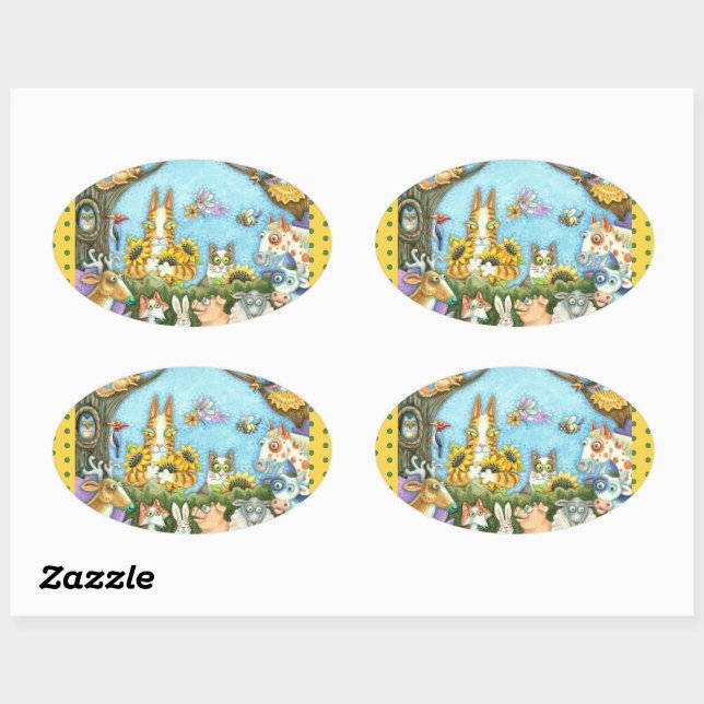 HISS N' FITZ CATS AND MENAGERIE OF FRIENDS, FUNNY OVAL STICKER (Sheet)