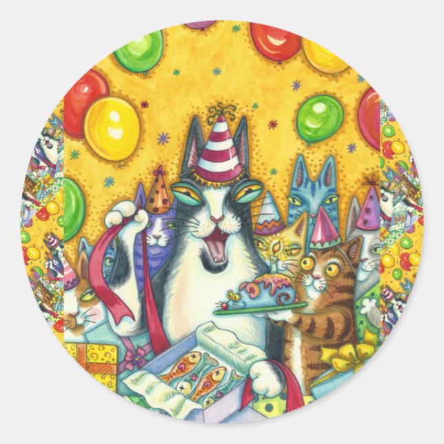 HISS N' FITZ CATS, KITTENS, MICE, FUNNY BIRTHDAY CLASSIC ROUND STICKER (Front)