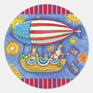 HISS N' FITZ CATS & MOUSE IN 4TH OF JULY ZEPPELIN CLASSIC ROUND STICKER