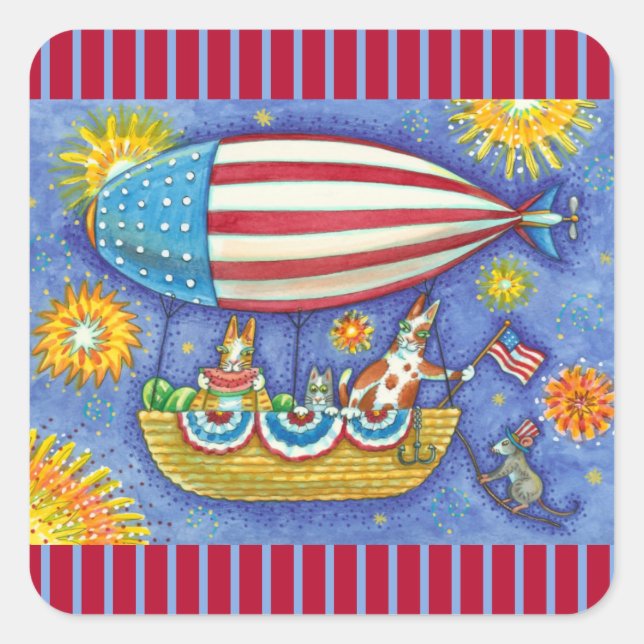 HISS N' FITZ CATS & MOUSE IN 4TH OF JULY ZEPPELIN SQUARE STICKER (Front)