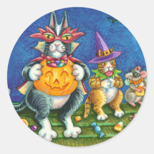 HISS N' FITZ CATS, TRICK OR TREAT FUNNY HALLOWEEN CLASSIC ROUND STICKER