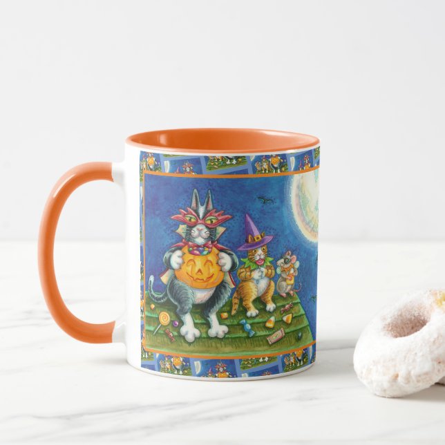 HISS N' FITZ CATS, TRICK OR TREAT FUNNY HALLOWEEN MUG (With Donut)