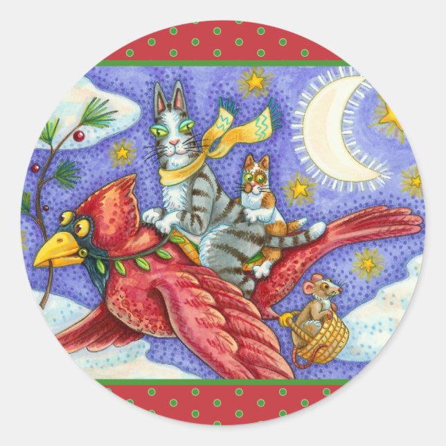 HISS N' FITZ FUNNY CATS, GIANT CHRISTMAS CARDINAL  CLASSIC ROUND STICKER (Front)