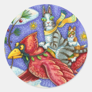 HISS N' FITZ FUNNY CATS, GIANT CHRISTMAS CARDINAL CLASSIC ROUND STICKER