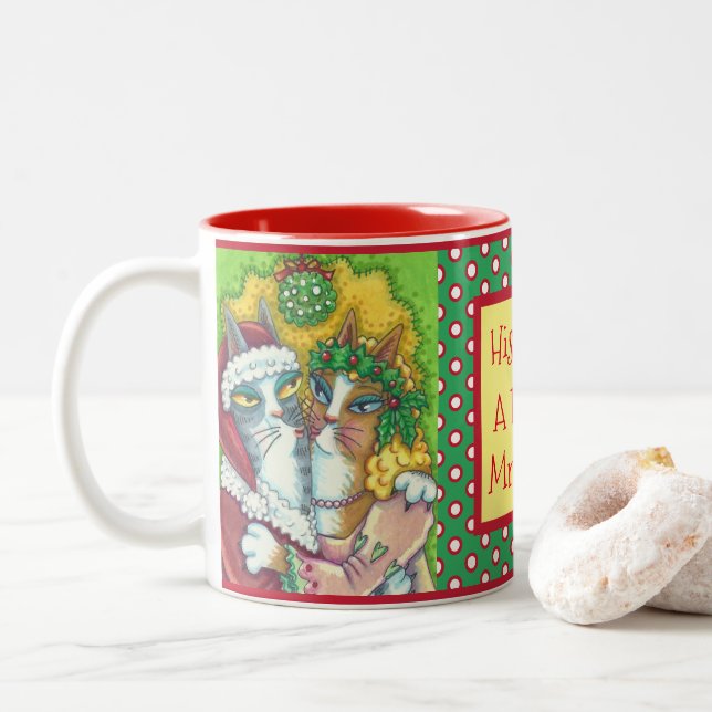 HISS N' FITZ KISSING CATS, SANTA CLAWS XMAS MUG (With Donut)