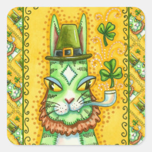 HISS N' FITZ LEPRECHAUN, ST. PADDY'S DAY FUNNY CAT SQUARE STICKER