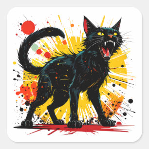 Hissing Defensive Black Cat Square Sticker