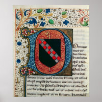 Historiated initial 'D' depicting coat of arms