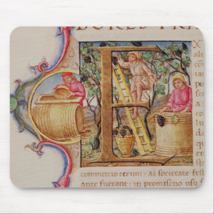 Historiated initial 'E' depicting grape picking Mouse Mat