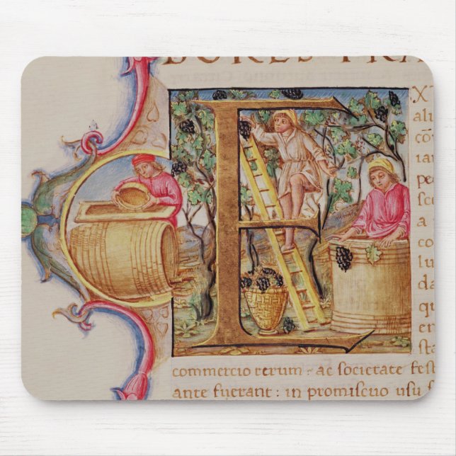 Historiated initial 'E' depicting grape picking Mouse Mat (Front)