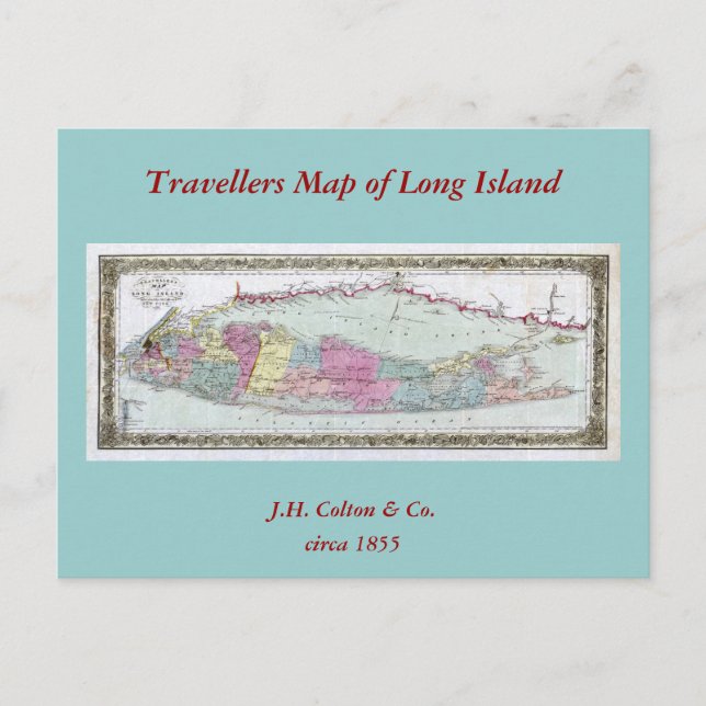 Historic 1855-1857 Travellers Map of Long Island Postcard (Front)