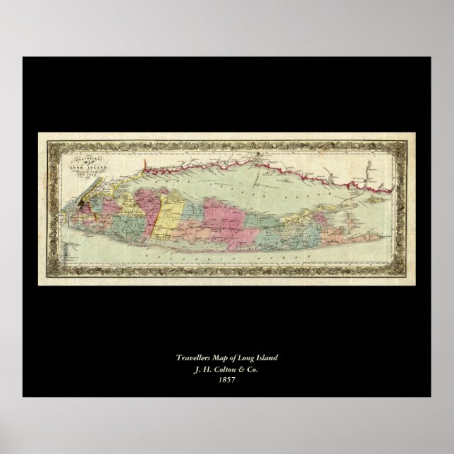 Historic 1855-1857 Travellers Map of Long Island Poster (Front)