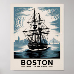 Historic Boston Harbour Massachusetts Ship Vintage Poster