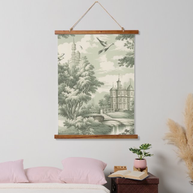 Historic Green French Scenic Toile Pattern Hanging Tapestry (Bedroom)
