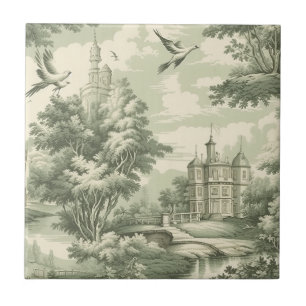 Historic Green French Scenic Toile Pattern Tile