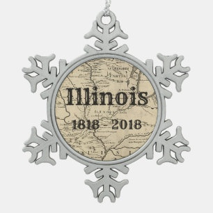 Historic Illinois Bicentennial Snowflake Pewter Christmas Ornament