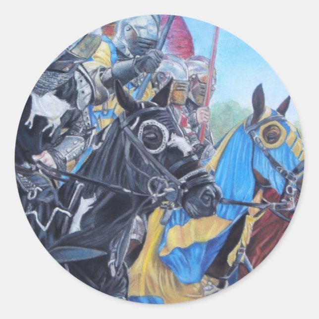 historic mediaeval knights jousting on horses classic round sticker (Front)