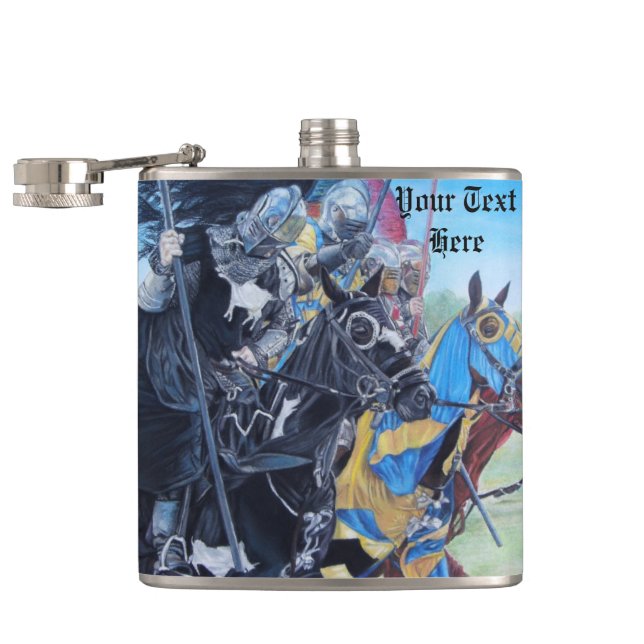 historic mediaeval knights jousting on horses hip flask (Opened)