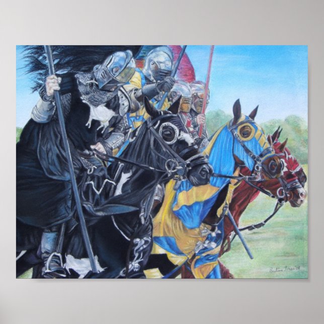 historic mediaeval knights jousting on horses poster (Front)