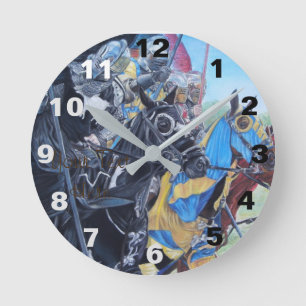 historic mediaeval knights jousting on horses round clock