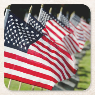 Historic military cemetery with US flags Square Paper Coaster